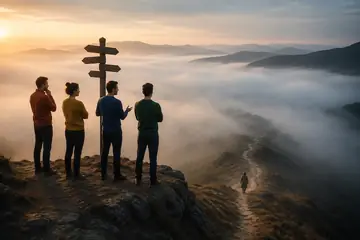 Quatre personnes hésitent devant plusieurs directions au départ d’un chemin