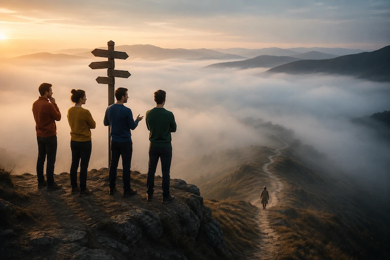 Quatre personnes hésitent devant plusieurs directions au départ d’un chemin