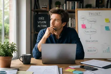 Un entrepreneur réfléchit devant son ordinateur et un tableau de projet