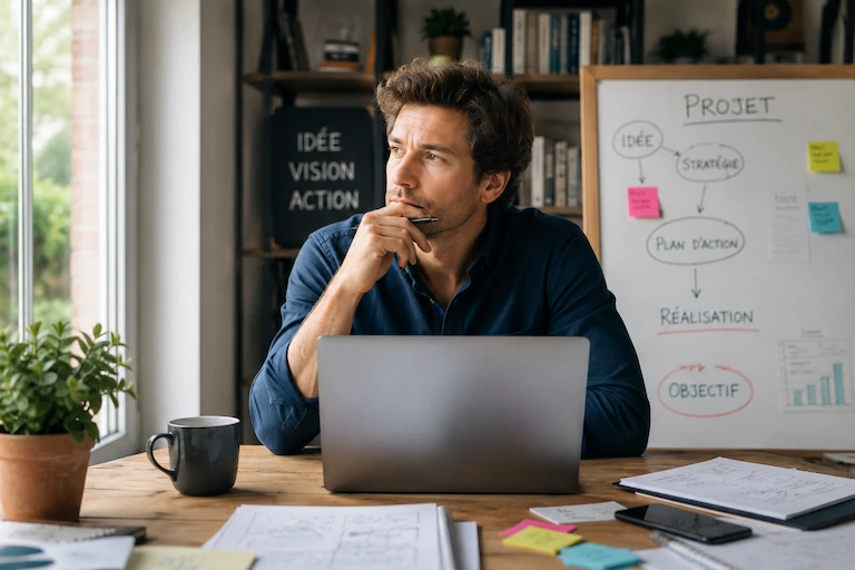 Un entrepreneur réfléchit devant son ordinateur et un tableau de projet