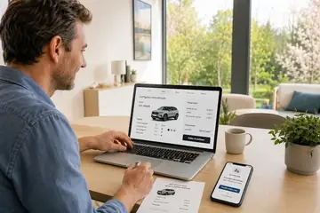 Un homme configure un véhicule sur ordinateur avant de poursuivre sa commande