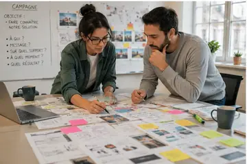 Deux personnes travaillent sur le message et les objectifs d’une campagne publicitaire