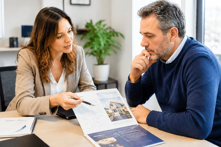 Une femme présente une brochure à un homme qui l’examine