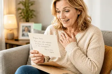 Une femme émue lit un mot manuscrit