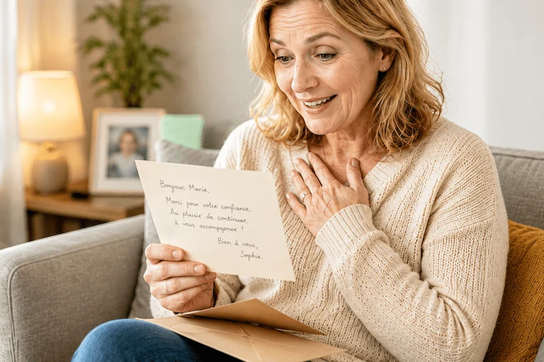 Une femme émue lit un mot manuscrit