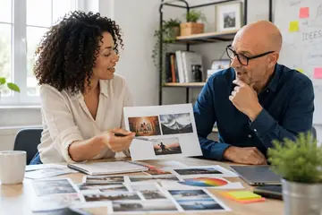 Deux personnes préparent une campagne à partir de visuels et de notes