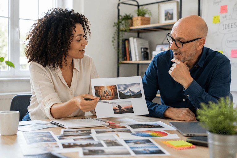 Deux personnes préparent une campagne à partir de visuels et de notes