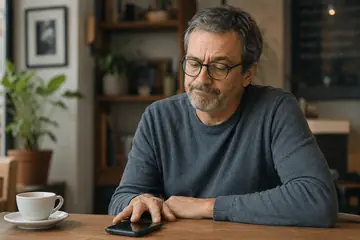 Un homme regarde son téléphone avec lassitude