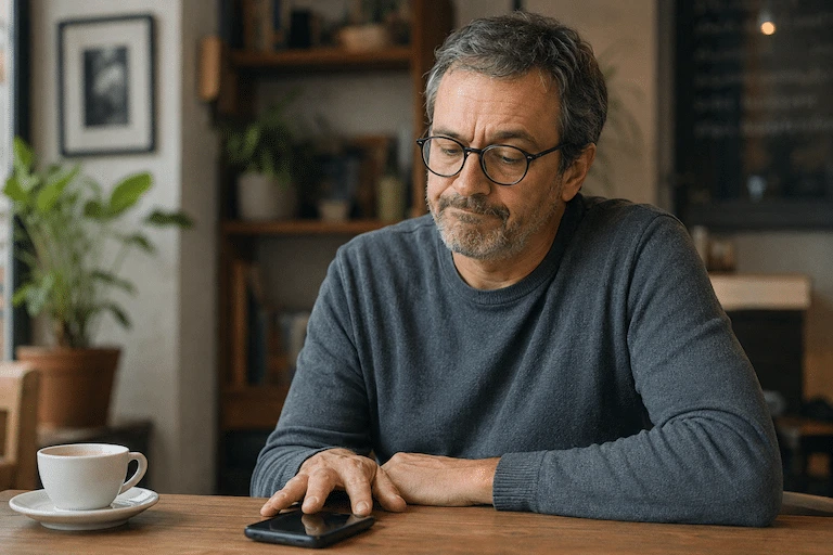 Un homme regarde son téléphone avec lassitude