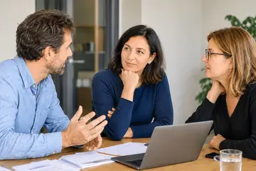 Un homme s’exprime face à deux collègues pendant une discussion