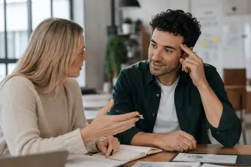 Une femme expose une idée à un homme qui l’écoute avec attention