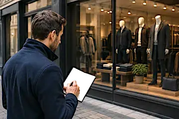 Un homme observe une vitrine avant une décision d’achat